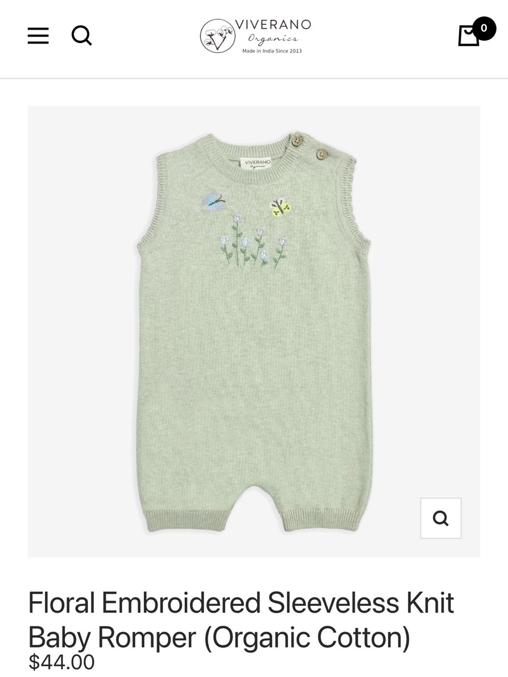 Viverano Organics- Floral Embroidered Sleeveless Knit Baby Romper - Sage Green